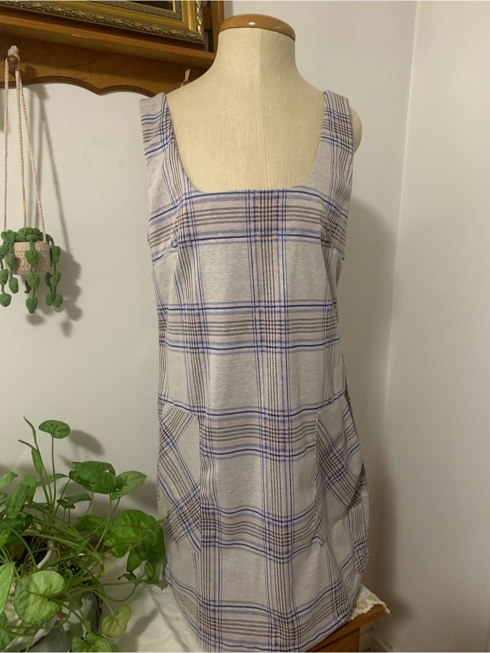 Altar’d State NWT Plaid Square-Neck Pinafore Dress in Light Gray, Blue & Pink L - Picture 4 of 16